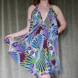 Y2k McBling Resortwear Tropical Print Silk Tie Halter Mini Cocktail Summer Dress